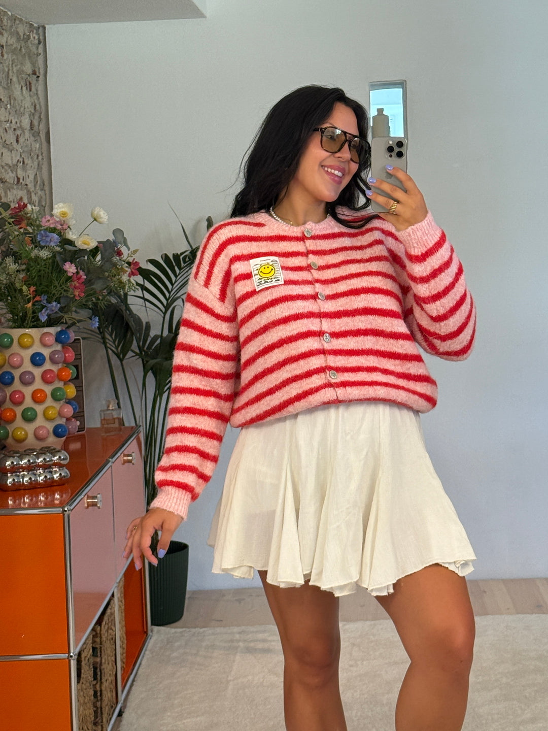 Cardigan Stripes Smiley in Rosa/Rot