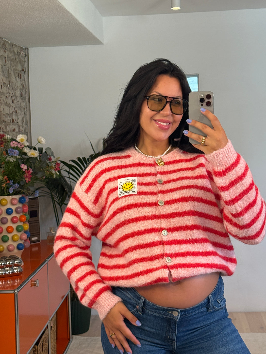 Cardigan Stripes Smiley in Rosa/Rot