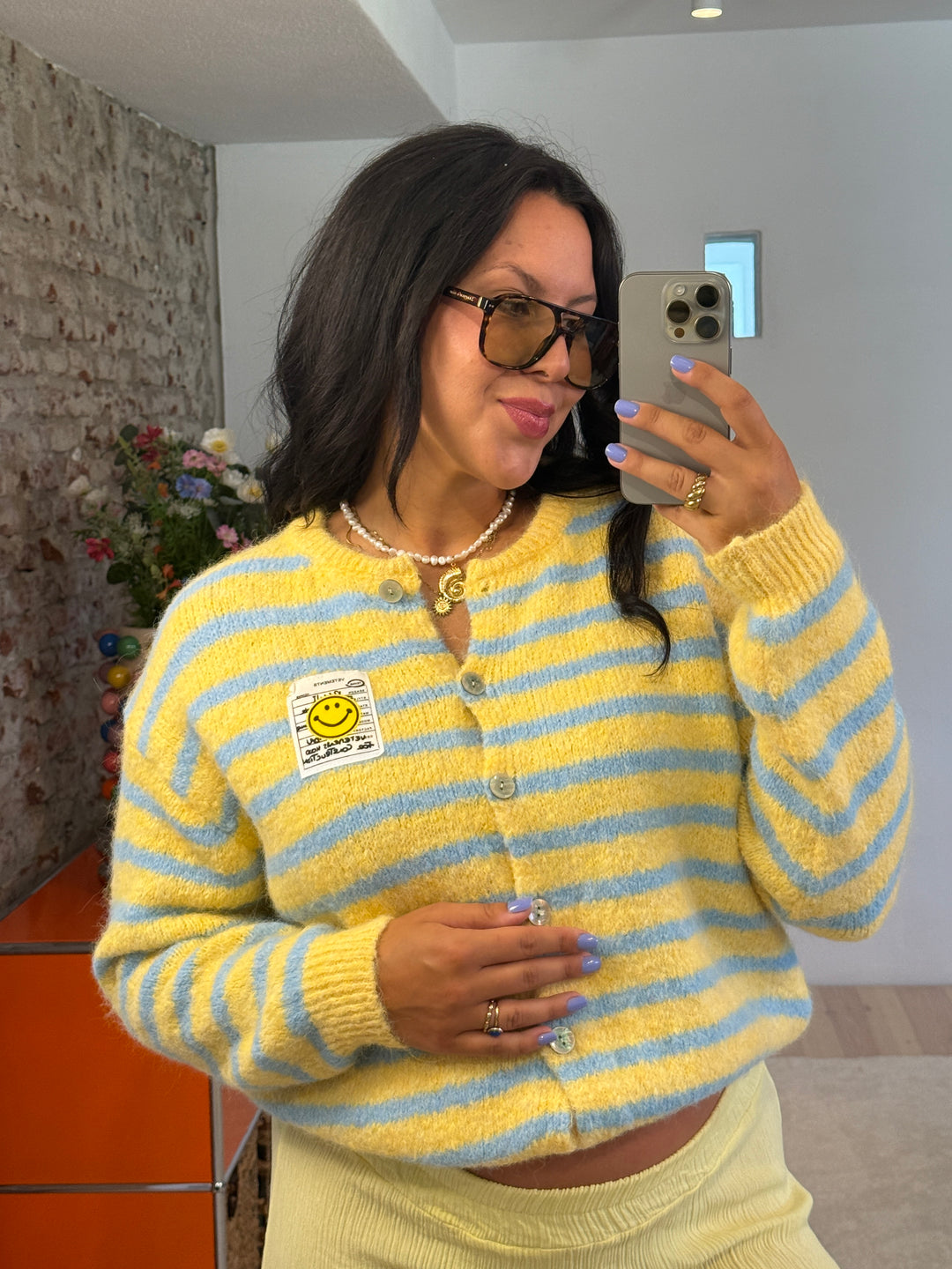 Cardigan Stripes Smiley in Butter Yellow mit Blau