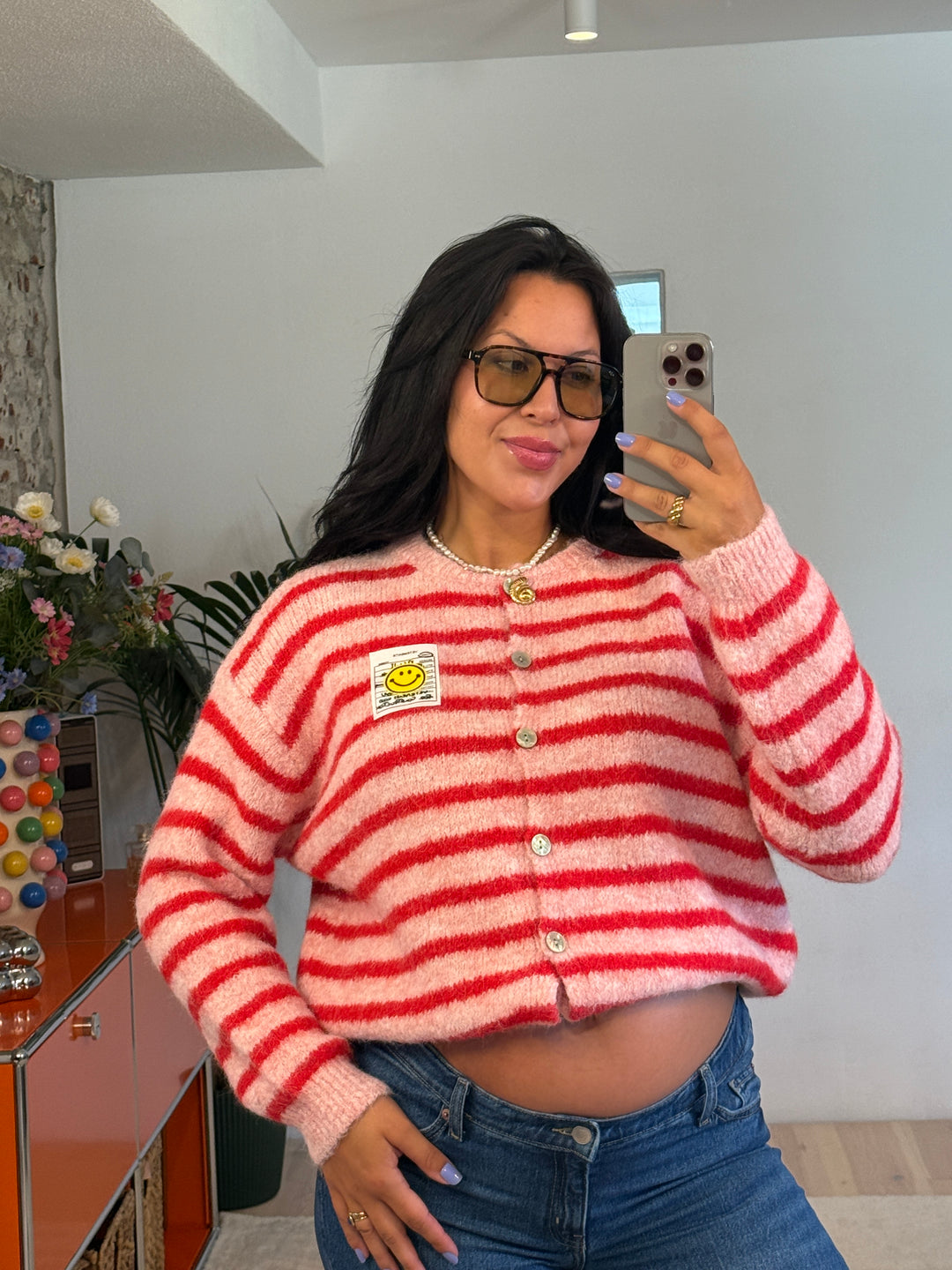 Cardigan Stripes Smiley in Rosa/Rot