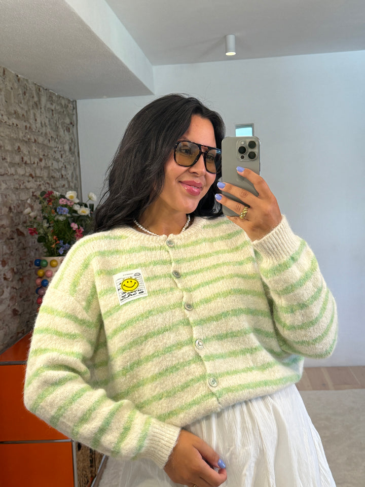 Cardigan Stripes Smiley in Beige/Grün