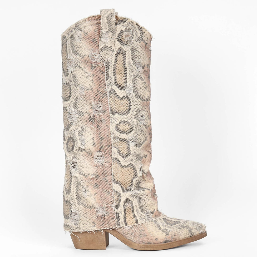 Denim-Cowboystiefel mit Python-Print