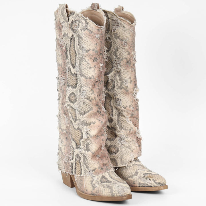 Denim-Cowboystiefel mit Python-Print